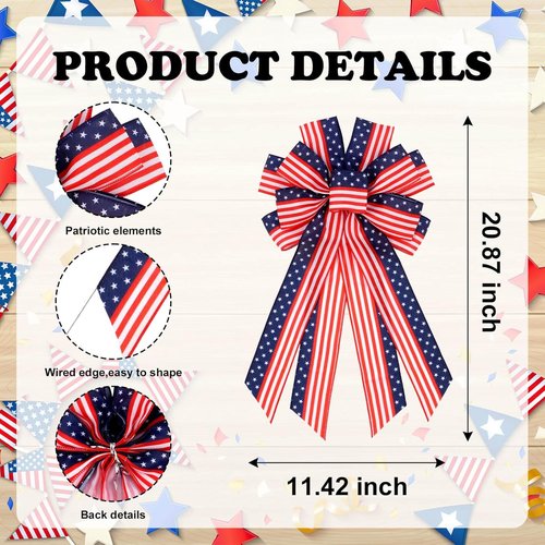 Large Patriotic Wreath Bow - 4th of July Decorations | Red, White & Blue American Flag Wired Ribbon
