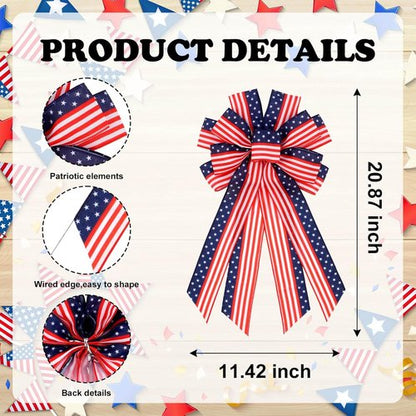 Large Patriotic Wreath Bow - 4th of July Decorations | Red, White & Blue American Flag Wired Ribbon