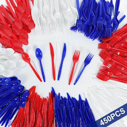 Patriotic American Flag Party Supplies - 450 Pcs Disposable Cutlery Set | 150 Spoons, 150 Forks, 150 Knives in Red, White & Blue