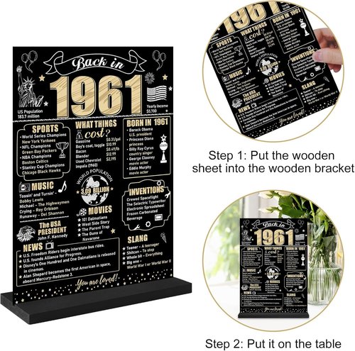 Back in 1961 65th Birthday Decorations - Two-Sided Wooden Table Sign with Stand | Black & Gold Design