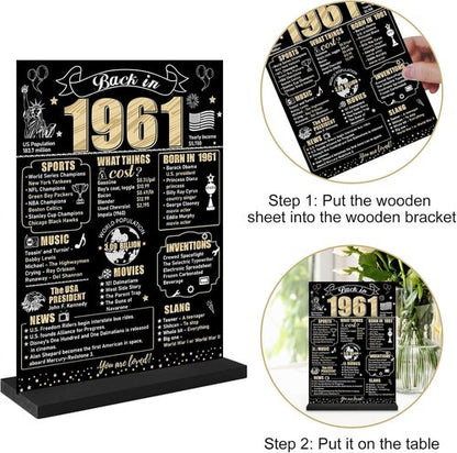Back in 1961 65th Birthday Decorations - Two-Sided Wooden Table Sign with Stand | Black & Gold Design