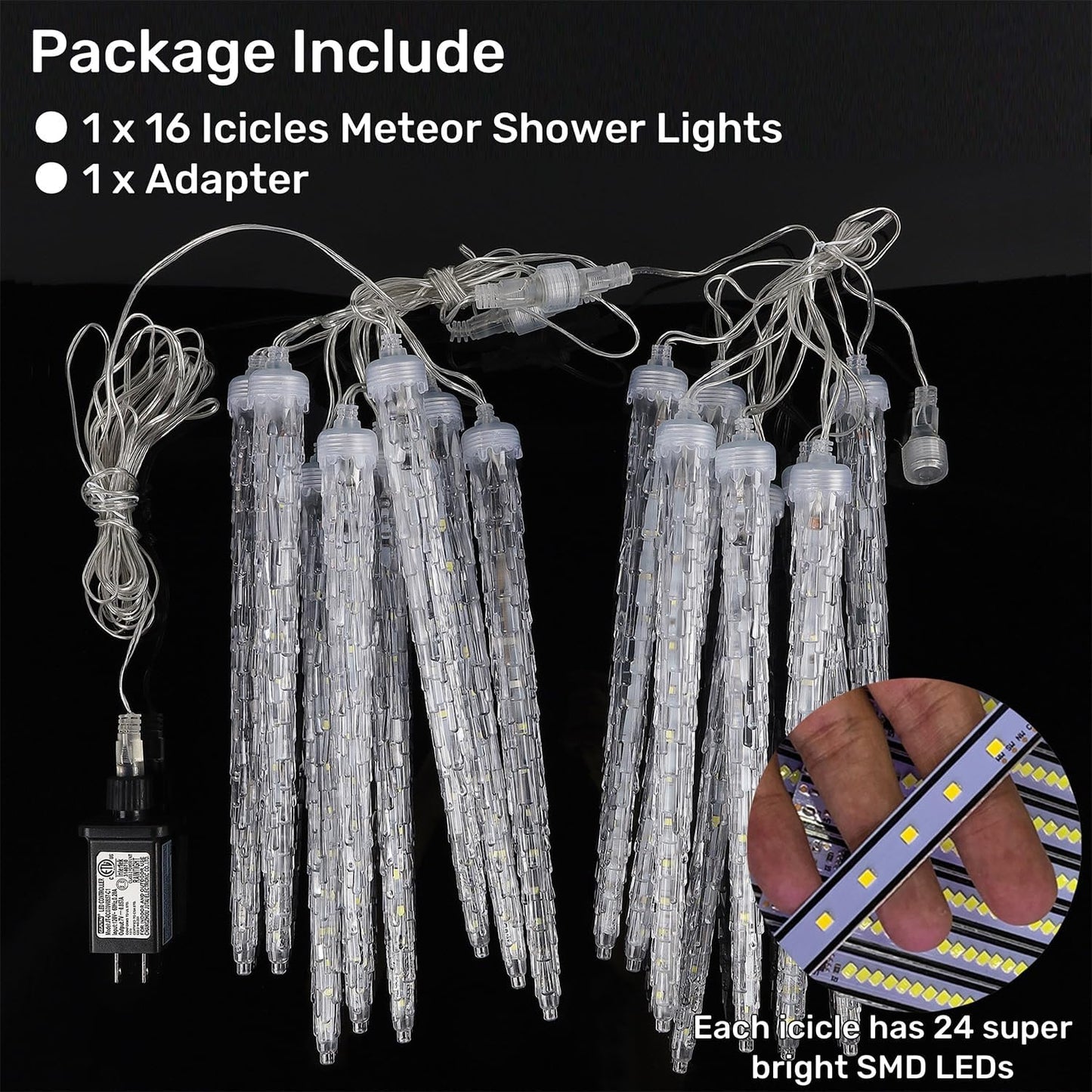 WATERGLIDE 16 Icicles Meteor Shower Lights - 12" Connectable Blue LED Christmas Decor | 384 SMD Crystal Lights