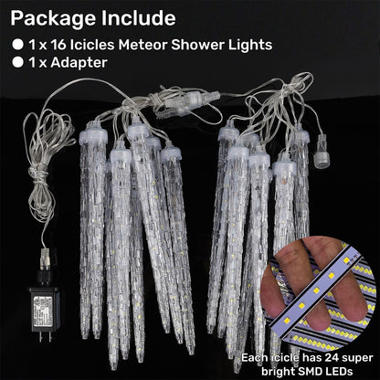 WATERGLIDE 16 Icicles Meteor Shower Lights - 12" Connectable Blue LED Christmas Decor | 384 SMD Crystal Lights