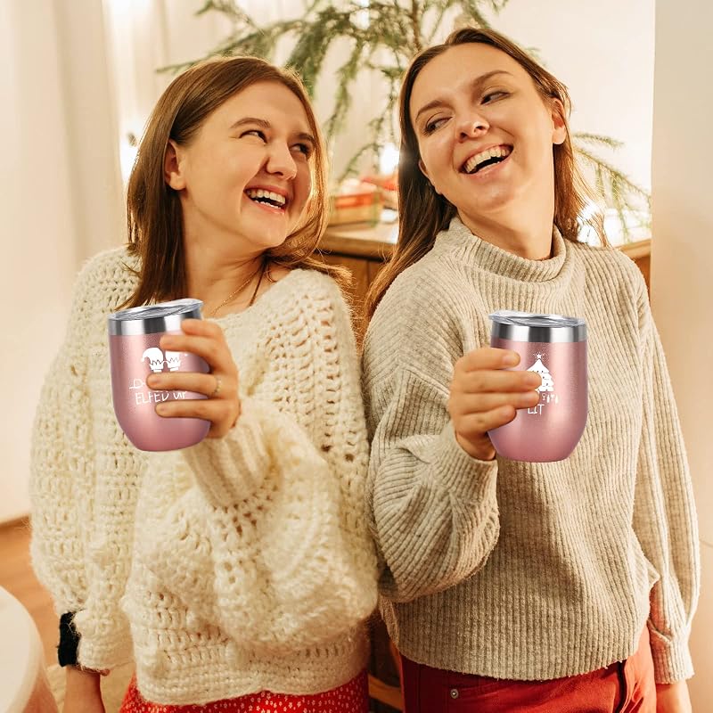 Qtencas 12 Oz Stainless Steel Christmas Wine Tumbler Set with Spoon - 4 Pack, Rose Gold