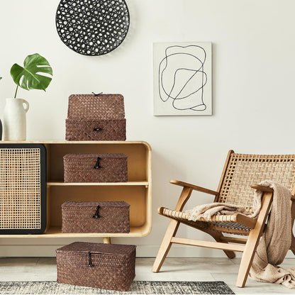 Woanger Wicker Storage Baskets Set of 4 - Handwoven Organizers with Lids for Home Office | Coffee Color