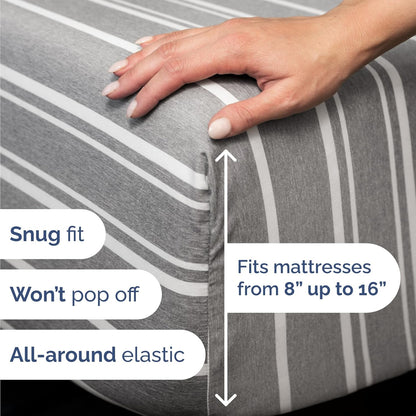 Skiennix Twin Size 3-Piece Sheet Set - Comfy, Breathable & Cooling Bedding - Deep Pockets, Soft, Wrinkle-Free - Grey Stripes