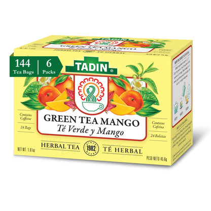 Tadin Mango Green Tea, Herbal Tea, Green Tea Bags, Caffeinated Tea, Tea Bags Individually Wrapped, 24 Tea Bags, Pack of 6