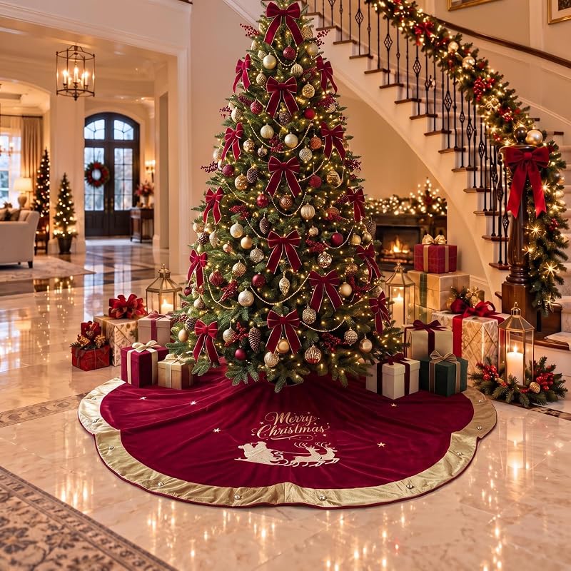 72 Inch Velvet Christmas Tree Skirt with Santa Reindeer Embroidery - Burgundy Vintage Scallop