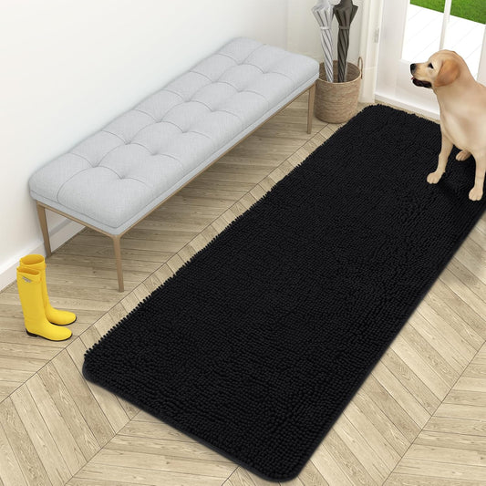 OLANLY Dog Door Mat - Absorbent Non-Slip Chenille for Muddy Paws | 59x24 Inches, Quick Dry, Black