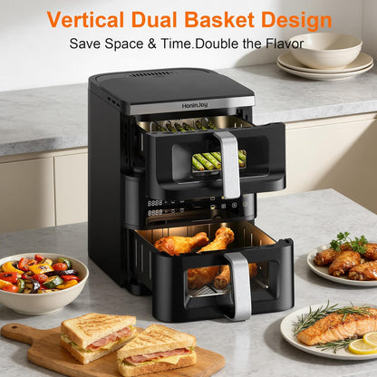 Skiennix 13QT Dual-Basket Air Fryer - Compact Vertical Design with Viewing Window & 10-in-1 Presets