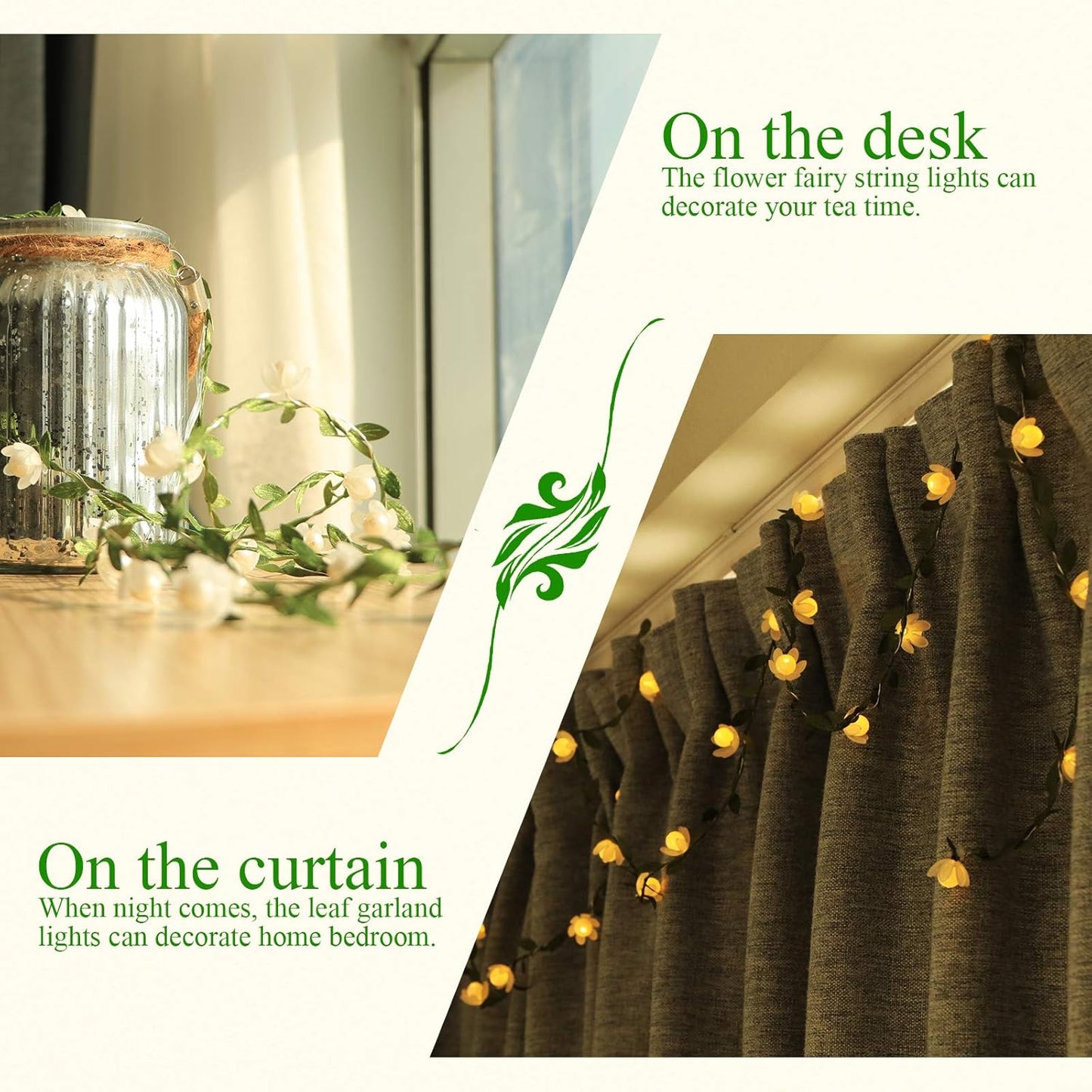 Vigdur Fairy String Lights - 2-Pack Tiny Leaf Garland with White Flowers | Battery-Powered, 15.2FT, 50 LEDs for Indoor/Outdoor Décor