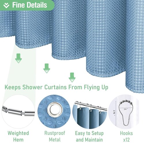 Wekayli Light Blue Shower Curtain - Waffle Textured Heavy Duty Thick Fabric Shower Curtains for Bathroom, with Grommets and 12 Stainless Steel Hooks 72''x72''