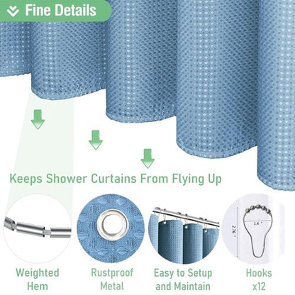 Wekayli Light Blue Shower Curtain - Waffle Textured Heavy Duty Thick Fabric Shower Curtains for Bathroom, with Grommets and 12 Stainless Steel Hooks 72''x72''