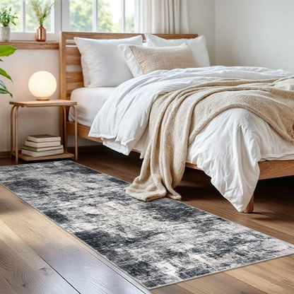 IOHOUZE Abstract Runner Rug 2x6 Ft Washable Runners for Hallways, Non Slip Kitchen Runner Printed Faux Wool Entryway Runner Indoor, Modern Abstract Floor Carpet for Hall Kitchen Bedroom, Black Gey