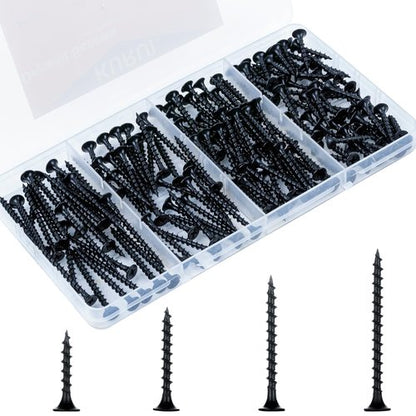 KURUI Drywall Screws Assortment Kit - #6 Black Wood Screws for Sheetrock | 165-Piece Picture Hanging Set