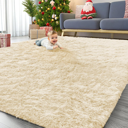 OLANLY 9x12 Machine Washable Large Area Rugs for Living Room, Bedroom, Soft Fluffy Shaggy Bedside Rug, Indoor Floor Carpet for Kids Girls and Boys, Dorms, Nursery, Home Decor Aesthetic, Cream