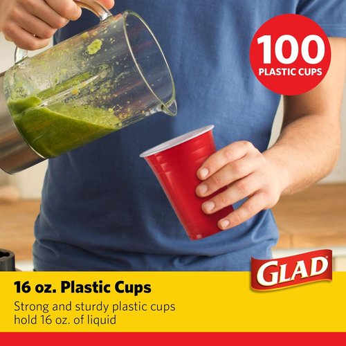 Glad Everyday Disposable Plastic Cups - Strong 16oz Red Party Cups for All Occasions | 100 Pack Heavy Duty