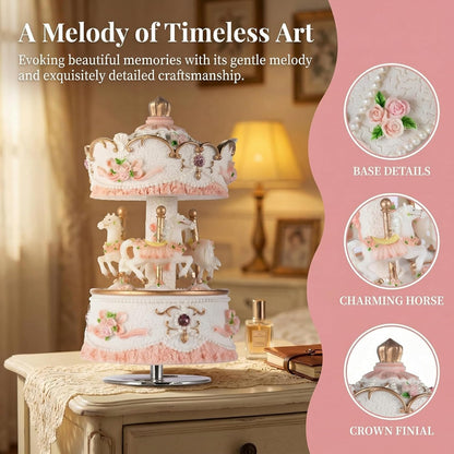 Skiennix Carousel Music Box - 3-Horse Rotating Windup with LED Lights | Pink Musical Gift for Girls