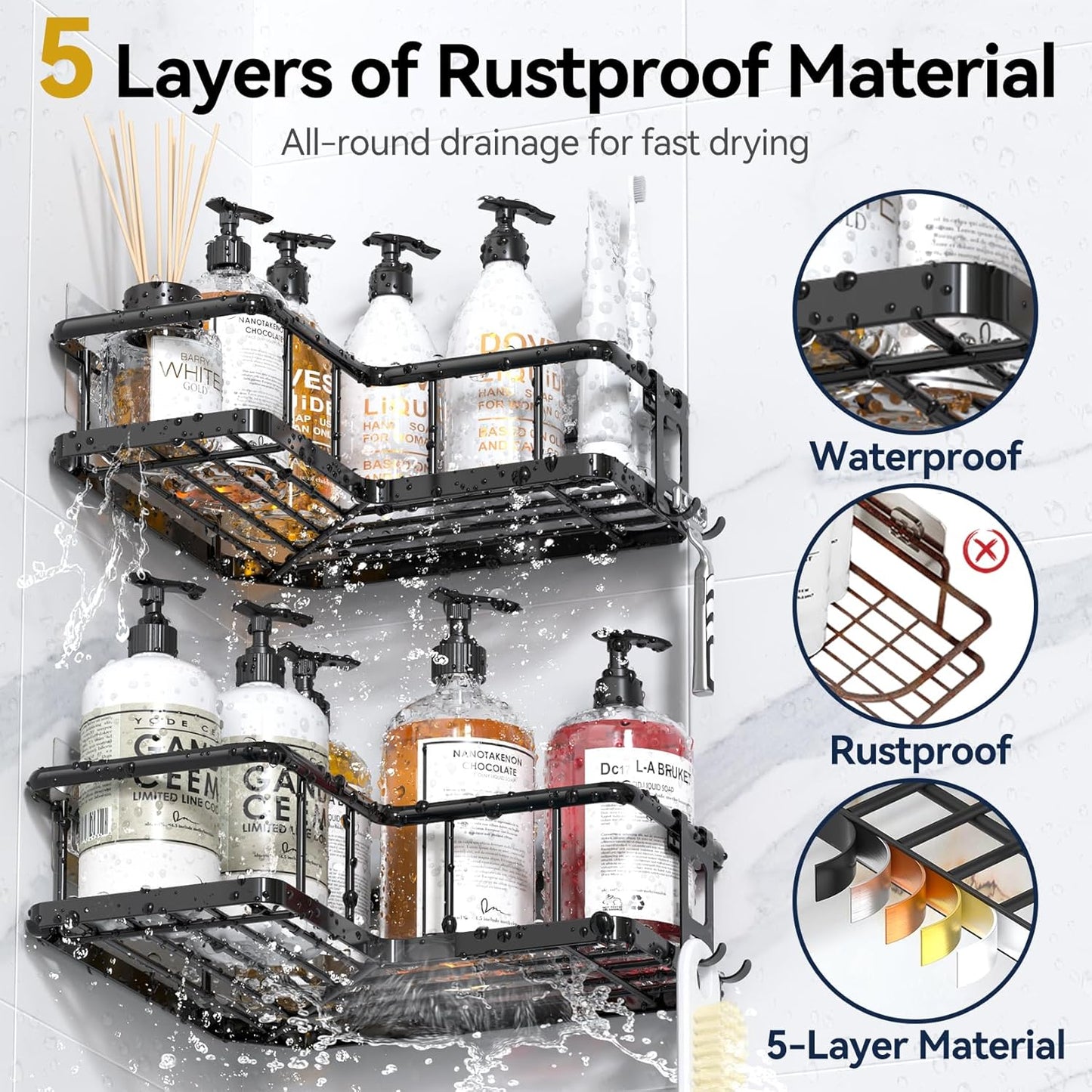 YASONIC Corner Shower Caddy - No Drill Adhesive Storage Shelves | Rustproof Stainless Steel, Black - 2 Pack with Hooks