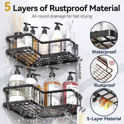 YASONIC Corner Shower Caddy - No Drill Adhesive Storage Shelves | Rustproof Stainless Steel, Black - 2 Pack with Hooks