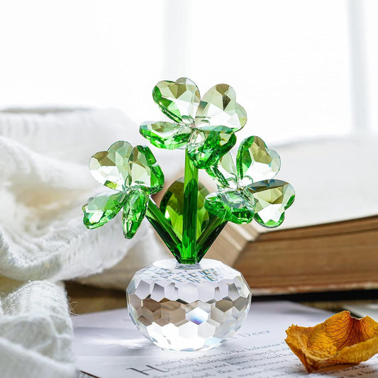 QFkris Crystal Flower Dreams Four-Leaf Clover Figurine - Perfect St. Patrick's Day Gift | 3.7" Crystal Ornament for Mother's Day, Thanksgiving, Valentine's Day