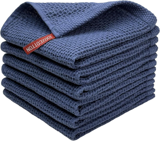 Skiennix 100% Cotton Waffle Weave Kitchen Towels - Ultra Soft & Absorbent 6 Pack | Quick Drying, Dark Blue, 12x12 Inches