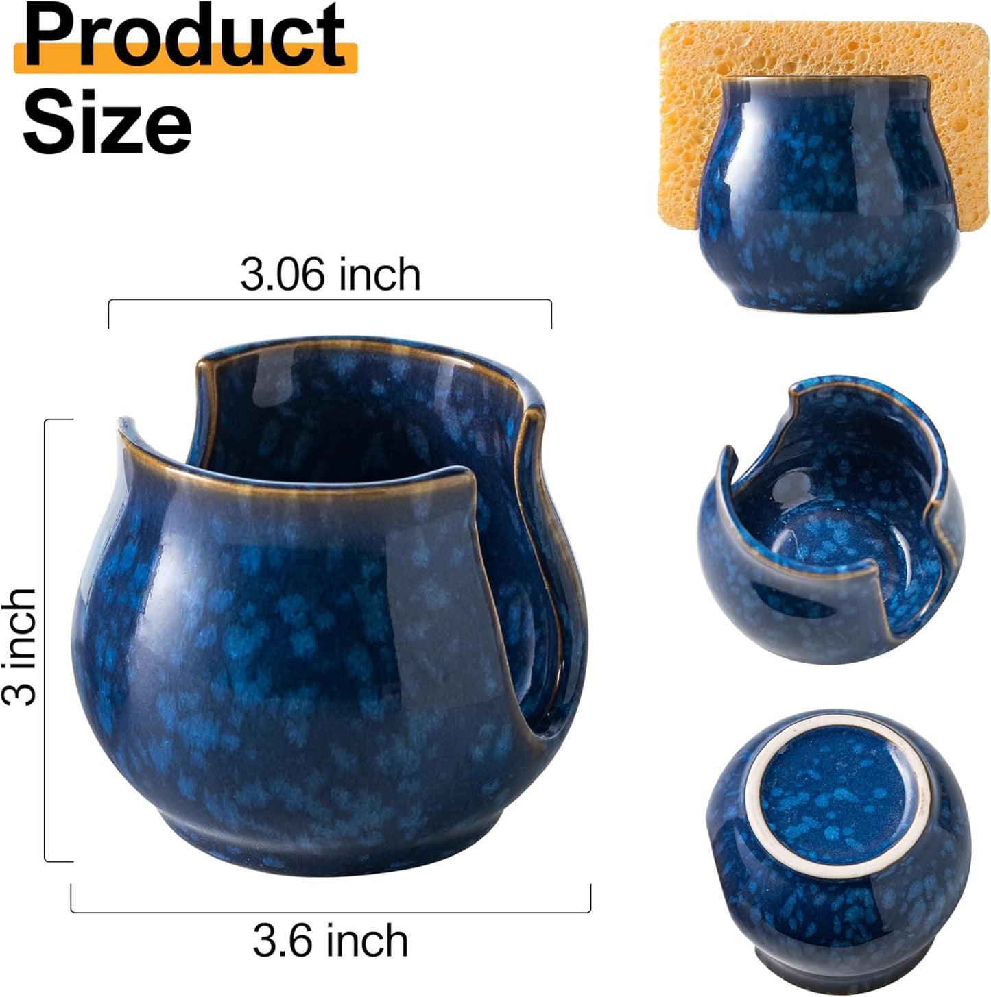 Skiennix Ceramic Sponge Holder - Kitchen Sink Organizer for Scrubbers | Blue Dish Rack
