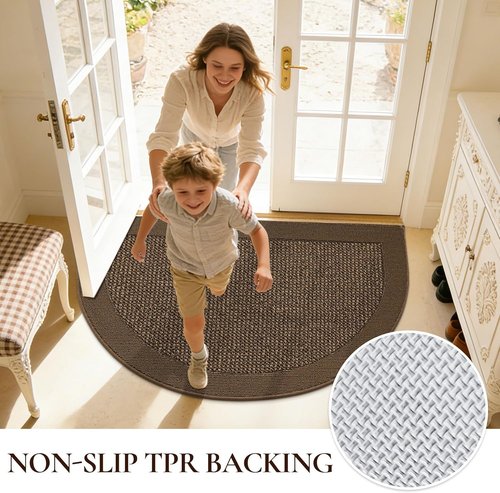 Half Circle Door Mat | Non-Slip Washable Indoor Entrance Mat - Traps Dirt & Moisture, 17"x30", Brown