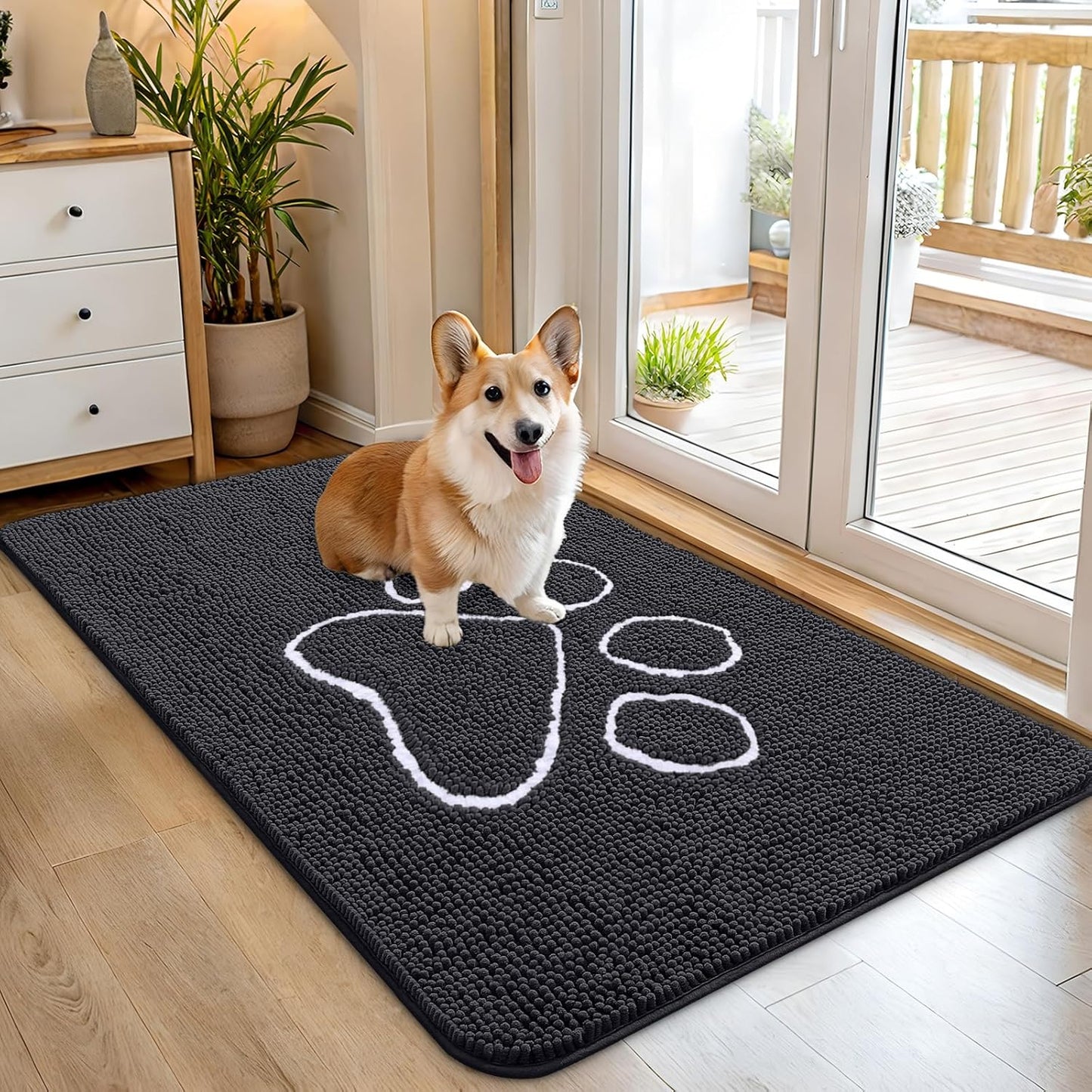 OLANLY Dog Door Mat - Absorbent Non-Slip Chenille Mat for Muddy Paws | 45x27 Dark Grey Design