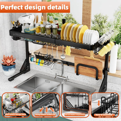 ZDRongZhen Over The Sink Dish Drying Rack,2 tier Full 304 Stainless Steel dish Drainer rack,Adjustable Length (22.8''~35.04'') Kitchen Storage Counter with Cup Hanging Set and Hooks (Black-2Tier)