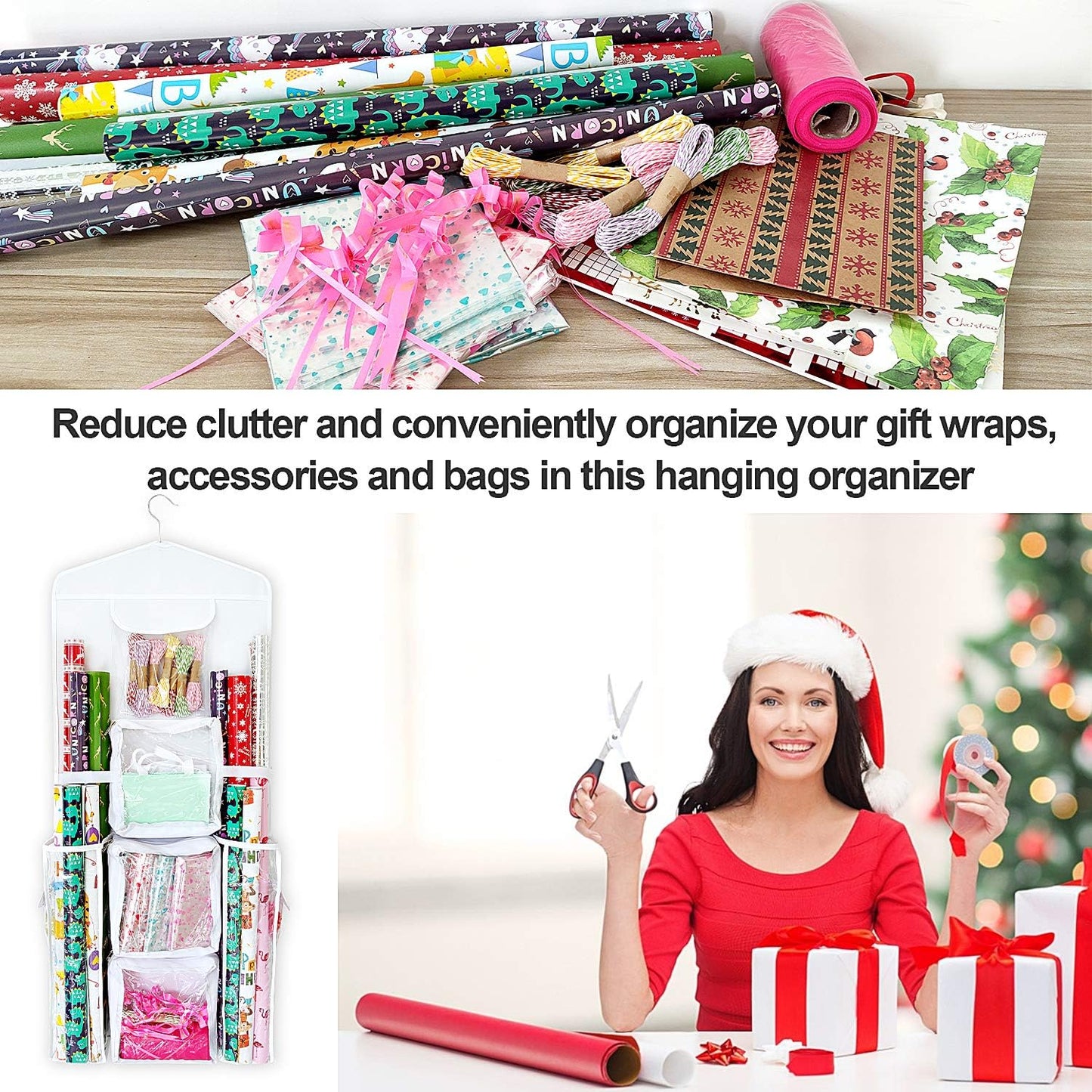 SumDirect Double-Sided Gift Wrap Organizer - White Hanging Storage for Wrapping Paper & Gift Bags