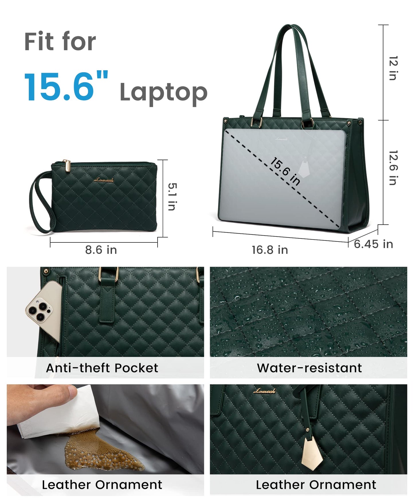 LOVEVOOK Lunch Tote Bag for Women, 15.6 Inch Laptop Bag with Insulated Lunch Compartment, Quilted Large Capacity Computer Handbag with Purse for Business, Work, Nurse, Collage, Office, Casual, Green