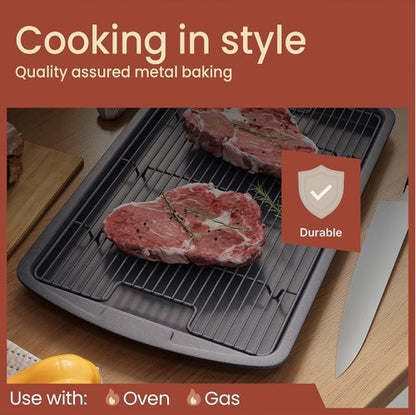Gray Marble Nonstick Cookie Sheet Set by [Brand Name] - 2-Piece Carbon Steel Pan & Cooling Rack, Oven Safe Up to 450°F