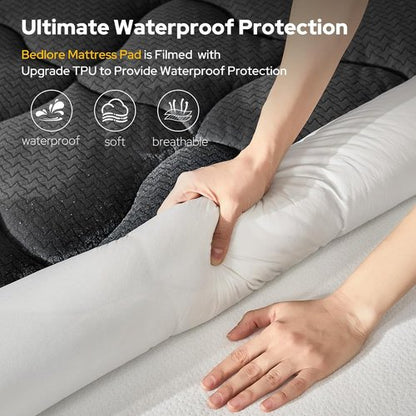 BEDLORE Waterproof Queen Mattress Pad - Quilted Fitted Topper with Deep Pocket, Breathable & Noiseless