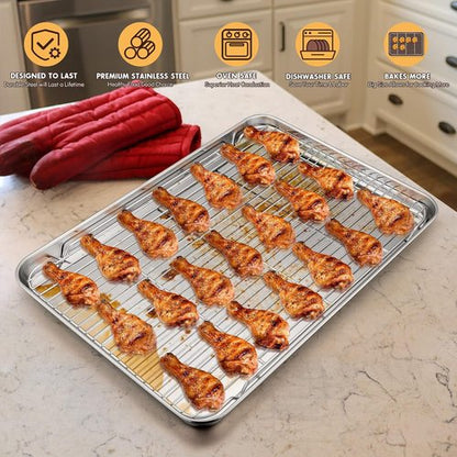 E-far Large Baking Sheet Set - 20”x14” Stainless Steel Cookie Pan with Cooling Rack - Dishwasher Safe