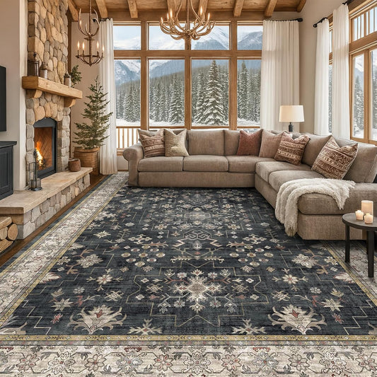 Boho Black Rug | Washable 10x14 Area Rug - Soft Low Pile Carpet for Living Room & Dining Room, Non-Slip & Stain Resistant
