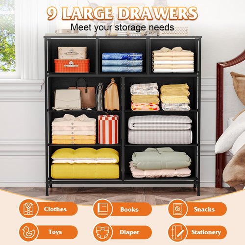 WelFurGeer 9-Drawer Dressers with Sturdy Metal Frame - Tall Chest Organizer Unit with Fabric Bins, Storage Chest of Drawers for Bedroom, Living Room, Hallway, Entryway, Closet, Black