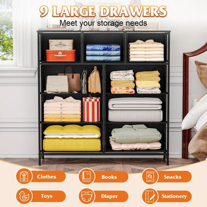 WelFurGeer 9-Drawer Dressers with Sturdy Metal Frame - Tall Chest Organizer Unit with Fabric Bins, Storage Chest of Drawers for Bedroom, Living Room, Hallway, Entryway, Closet, Black