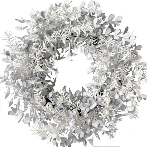 idyllic 20 Inch Christmas Wreath for Front Door, Artificial Snow Flocked Wreath with Boxwood, Silver Winter Wreath for Fireplace Windows Wall Table Centerpiece Indoor Outdoor Xmas Decor