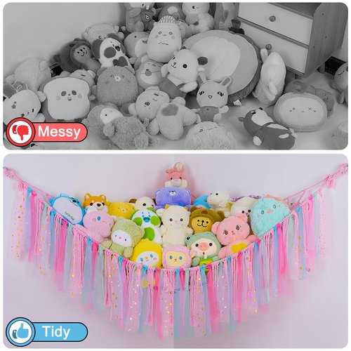 FIOBEE Stuffed Animals Net or Hammock with LED Light, Toy Hammock Hanging Stuffed Animals Storage Organizer Holder Room Décor for Nursery Kids Bedroom