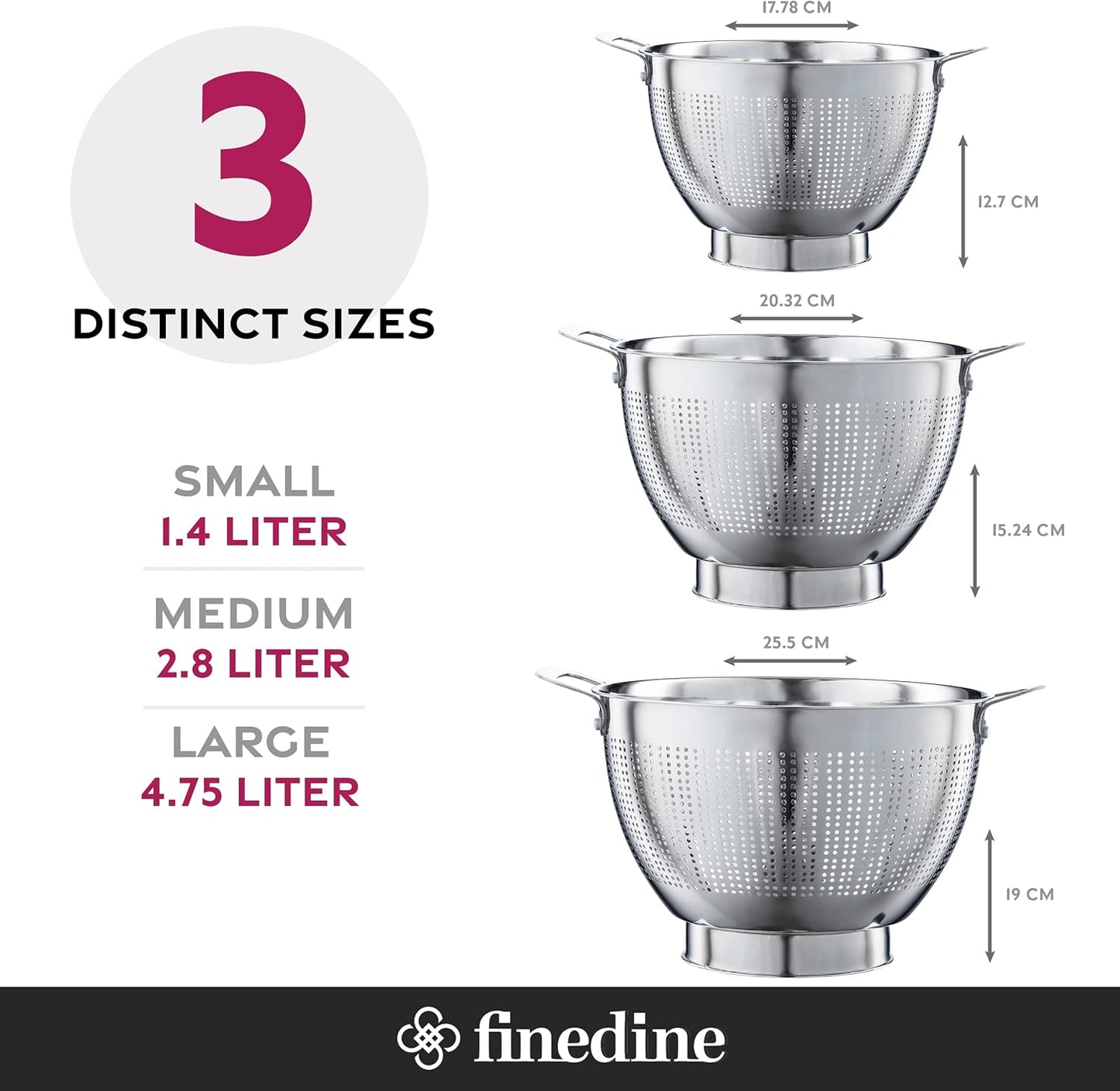 YH-Goods Stainless Steel Colander Set - 3-Piece Stackable Strainers for Pasta, Rice & Fruit | 5QT, 3QT, 1.5QT