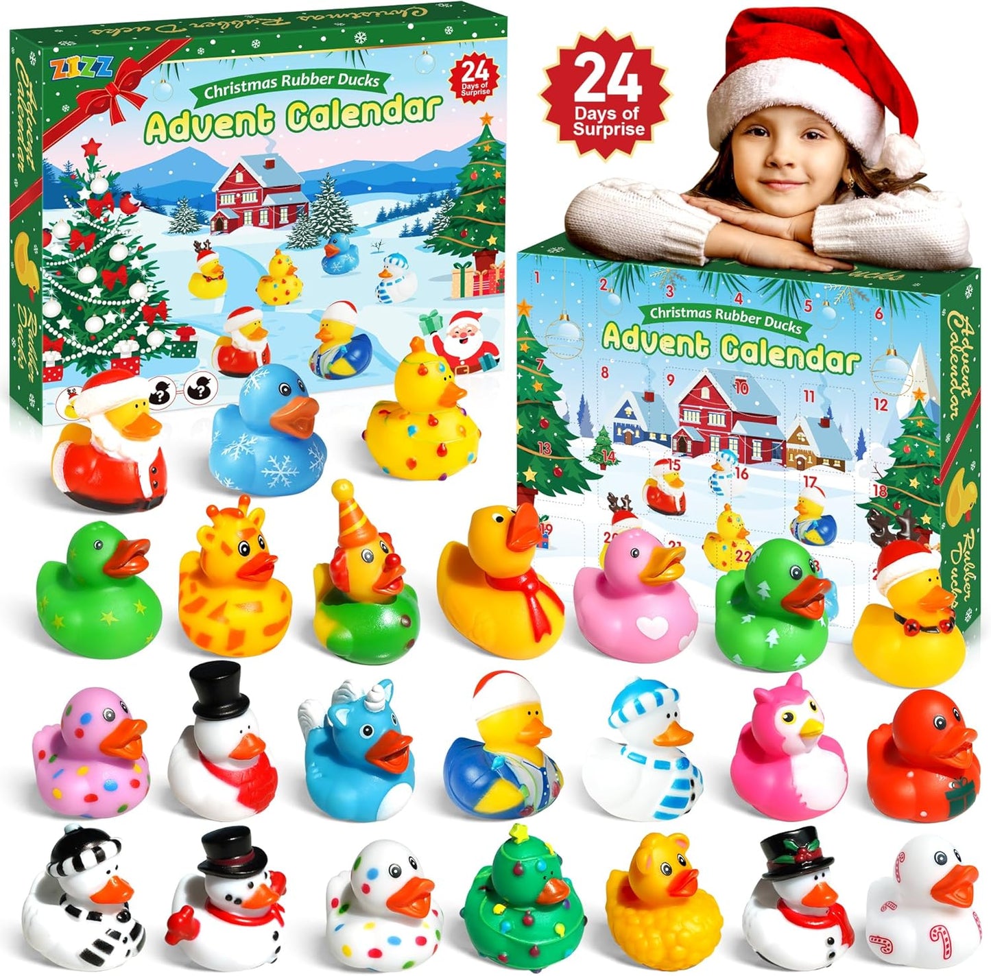 ZIZZ Advent Calendar 2025 | Christmas Rubber Ducks - 24 Days of Fun Countdown Gifts for Kids