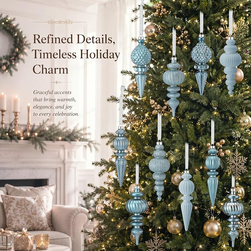 Blue Velvet Christmas Ornament 10-Piece Set - 5.71in Matte/Glitter/Flocked Design, Neutral Holiday Decor (Variation: Blue+10)