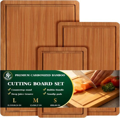 Bamboo Cutting Board Set - Carbonized Wood Chopping Boards with Juice Groove & Non-Slip Feet | Large Meat & Cheese Boards
