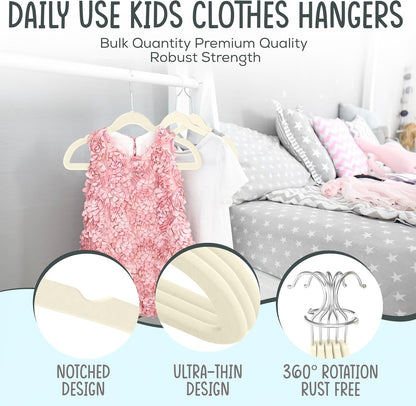 TechZoo 50 Premium Kids Velvet Hangers - Ultra Slim Non-Slip Clothes Hangers in Ivory - 14" Durable Design with 360° Swivel Hook