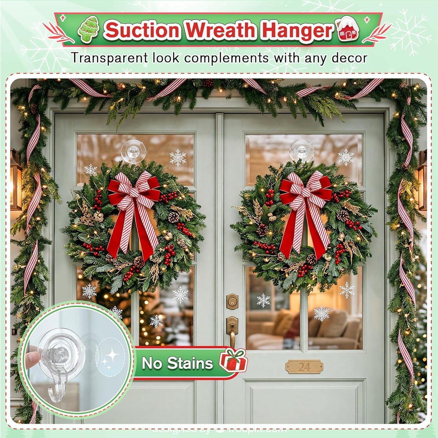 VIS'V Wreath Hanger - Heavy Duty Suction Cup Hooks | 22 LB Capacity, Clear, 6 Pack, Removable & Reusable