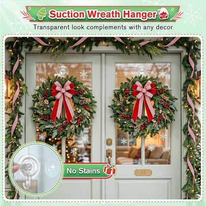 VIS'V Wreath Hanger - Heavy Duty Suction Cup Hooks | 22 LB Capacity, Removable & Reusable, Clear - 4 Pcs