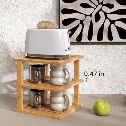 Bamboo Corner Shelf - 3 Tier Kitchen Cabinet Organizer for Plates & Dishes | Natural Finish, 2 Pack