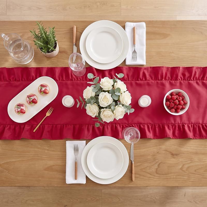 SoarDream Red Christmas Satin Ruffle Table Runner 14x118 Inch - 1 Pack