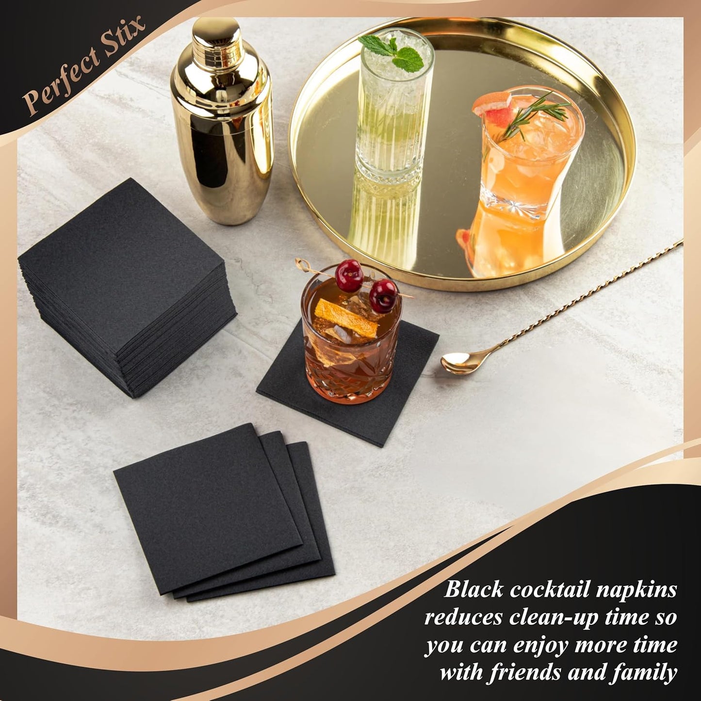 Perfect Stix - 2 Ply Black Napkin-100ct Paper Cocktail Beverage Napkins, 2-Ply, Black (Pack of 100)